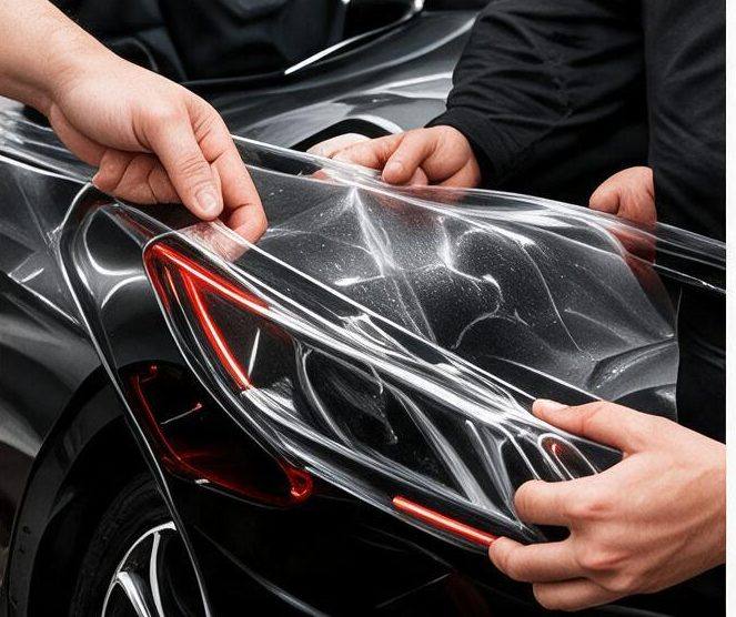 PPF installation close-up on hood