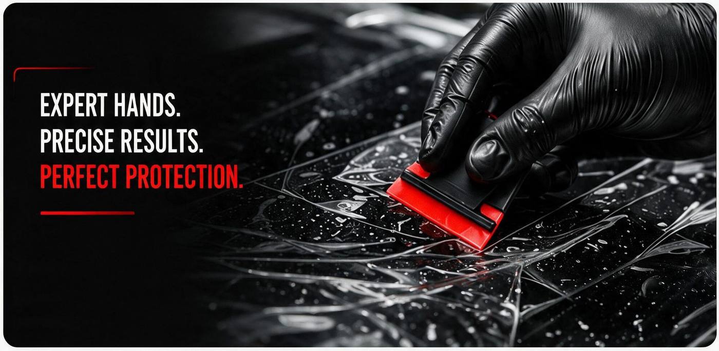 Technician using a squeegee to finish a paint protection film installation